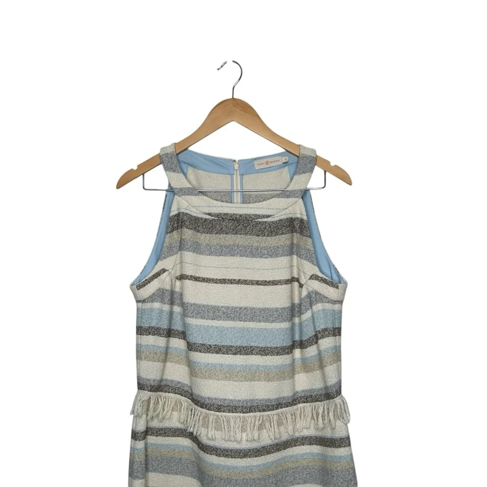 Tory Burch Jane Sheath Dress Fringe Stripe Boucle Knit Cotton Mini Dress Size 14